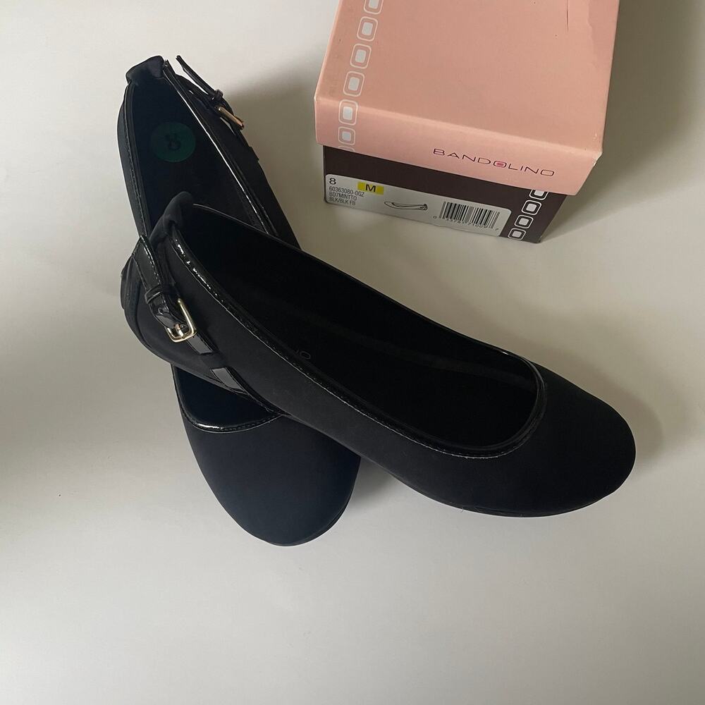 Bandolino Neoprene Black Ballerina Flats with Round Toe & Heel Buckle Strap Sz 8